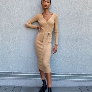 Babaton Tan Long Sleeve Knit Dress